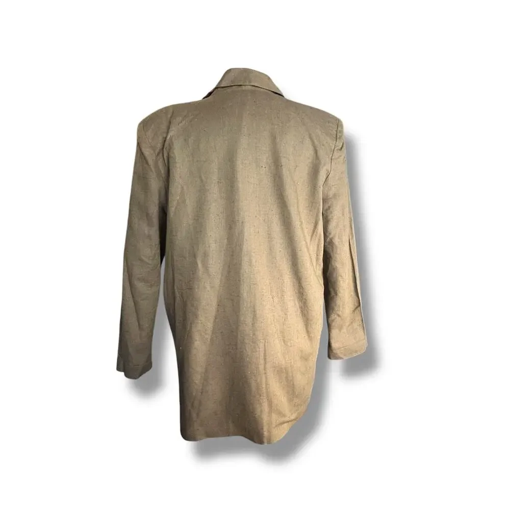 Vintage 90s Linen Cotton Blazer Jacket Size 12 Neutral Olive Brown Minimalist